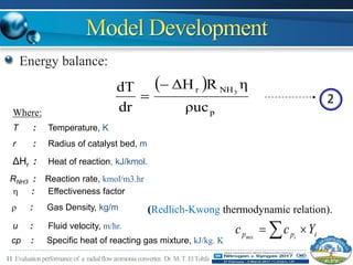 11 Evaluationperformance of a radialflowammonia converter, Dr.M.T.ElTohfa
Energy balance:
 
p
NHr
ρuc
ηRΔH
dr
dT 3

 2
  ipp Ycc imix
(Redlich-Kwong thermodynamic relation). : Gas Density, kg/m
ΔHr : Heat of reaction, kJ/kmol.
cp : Specific heat of reacting gas mixture, kJ/kg. K
u : Fluid velocity, m/hr.
RNH3 : Reaction rate, kmol/m3.hr
 : Effectiveness factor
T : Temperature, K
r : Radius of catalyst bed, m
Where:
 
