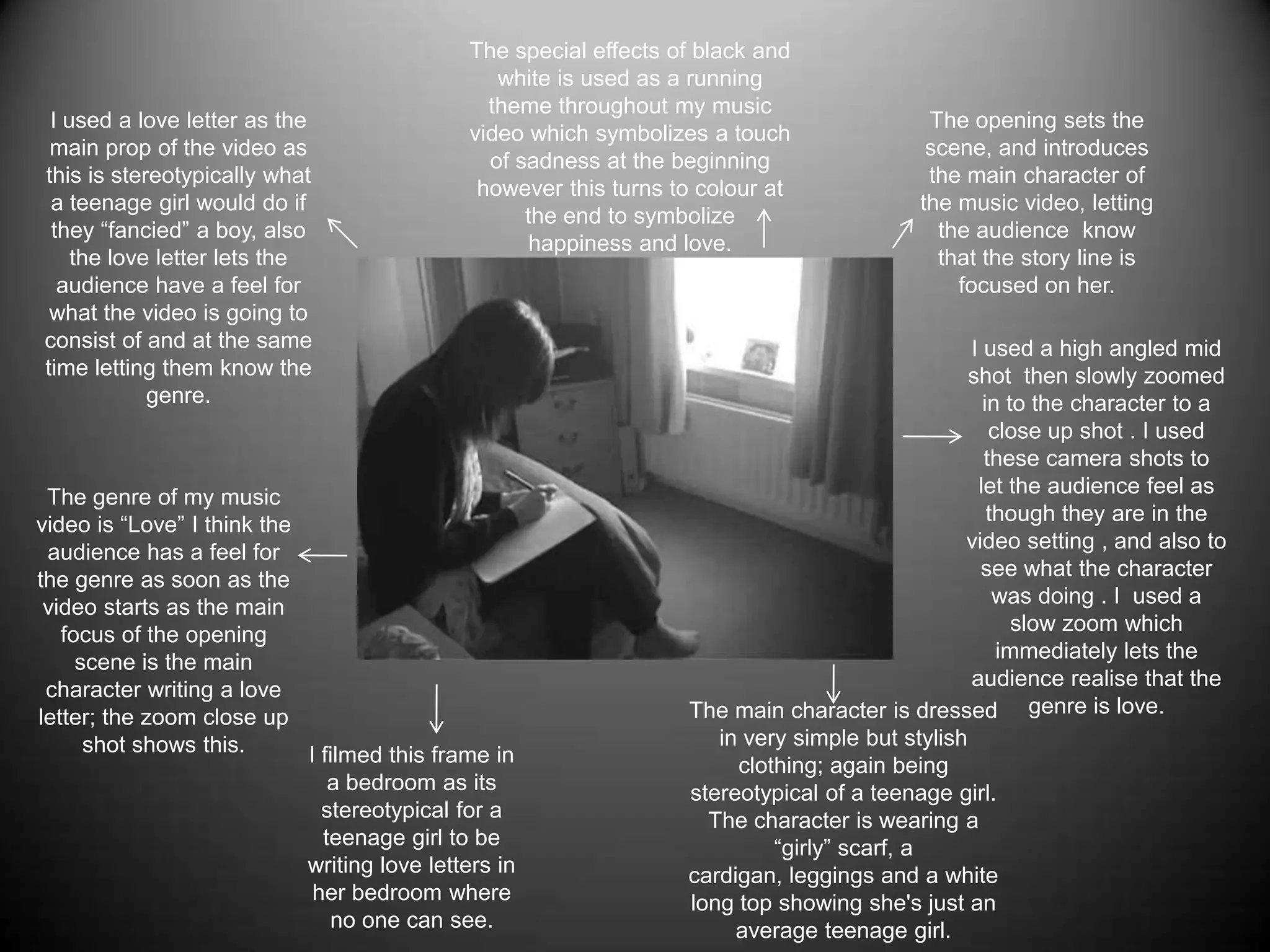 The special effects of black and white is used as a running theme throughout my music video which symbolizes a touch of sadness at the beginning however this turns to colour at the end to symbolize happiness and love. The opening sets the scene, and introduces the main character of the music video, letting the audience  know that the story line is focused on her.  I used a love letter as the main prop of the video as this is stereotypically what a teenage girl would do if they “fancied” a boy, also the love letter lets the audience have a feel for what the video is going to consist of and at the same time letting them know the genre.I used a high angled mid shot  then slowly zoomed  in to the character to a close up shot . I used these camera shots to  let the audience feel as though they are in the video setting , and also to see what the character was doing . I  used a slow zoom which immediately lets the audience realise that the genre is love.The genre of my music video is “Love” I think the audience has a feel for the genre as soon as the video starts as the main focus of the opening scene is the main character writing a love letter; the zoom close up shot shows this.The main character is dressed in very simple but stylish clothing; again being stereotypical of a teenage girl. The character is wearing a “girly” scarf, a cardigan, leggings and a white long top showing she's just an average teenage girl.I filmed this frame in a bedroom as its stereotypical for a teenage girl to be writing love letters in her bedroom where no one can see. 