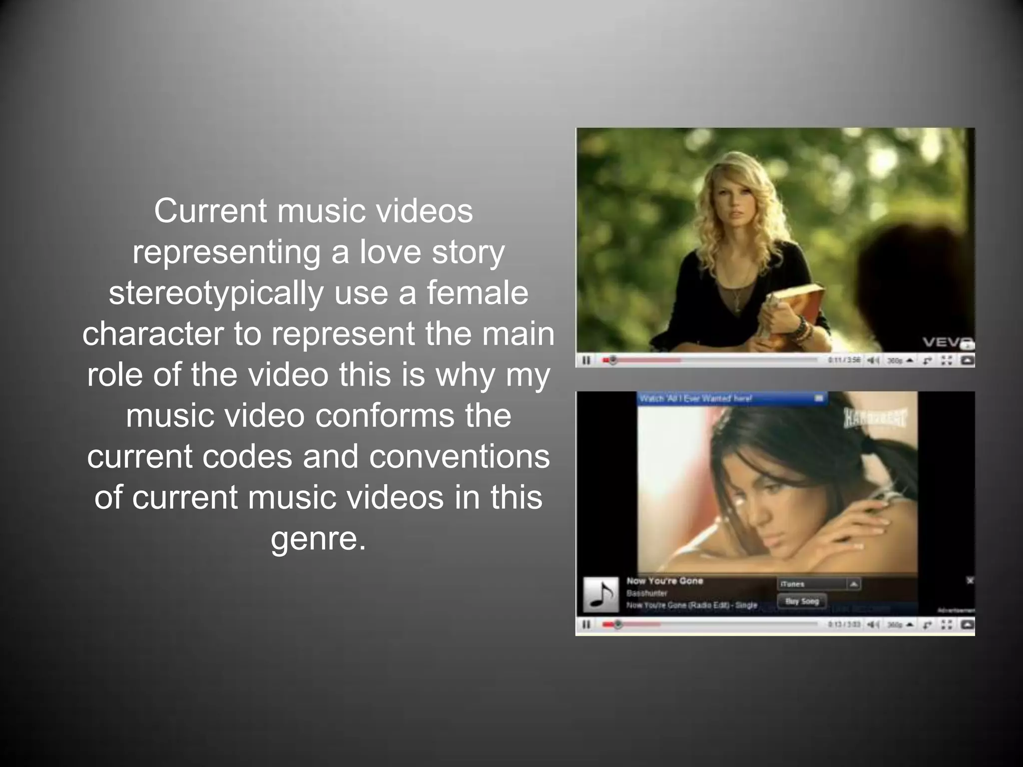    Current music videos representing a love story stereotypically use a female character to represent the main role of the video this is why my music video conforms the current codes and conventions of current music videos in this genre.