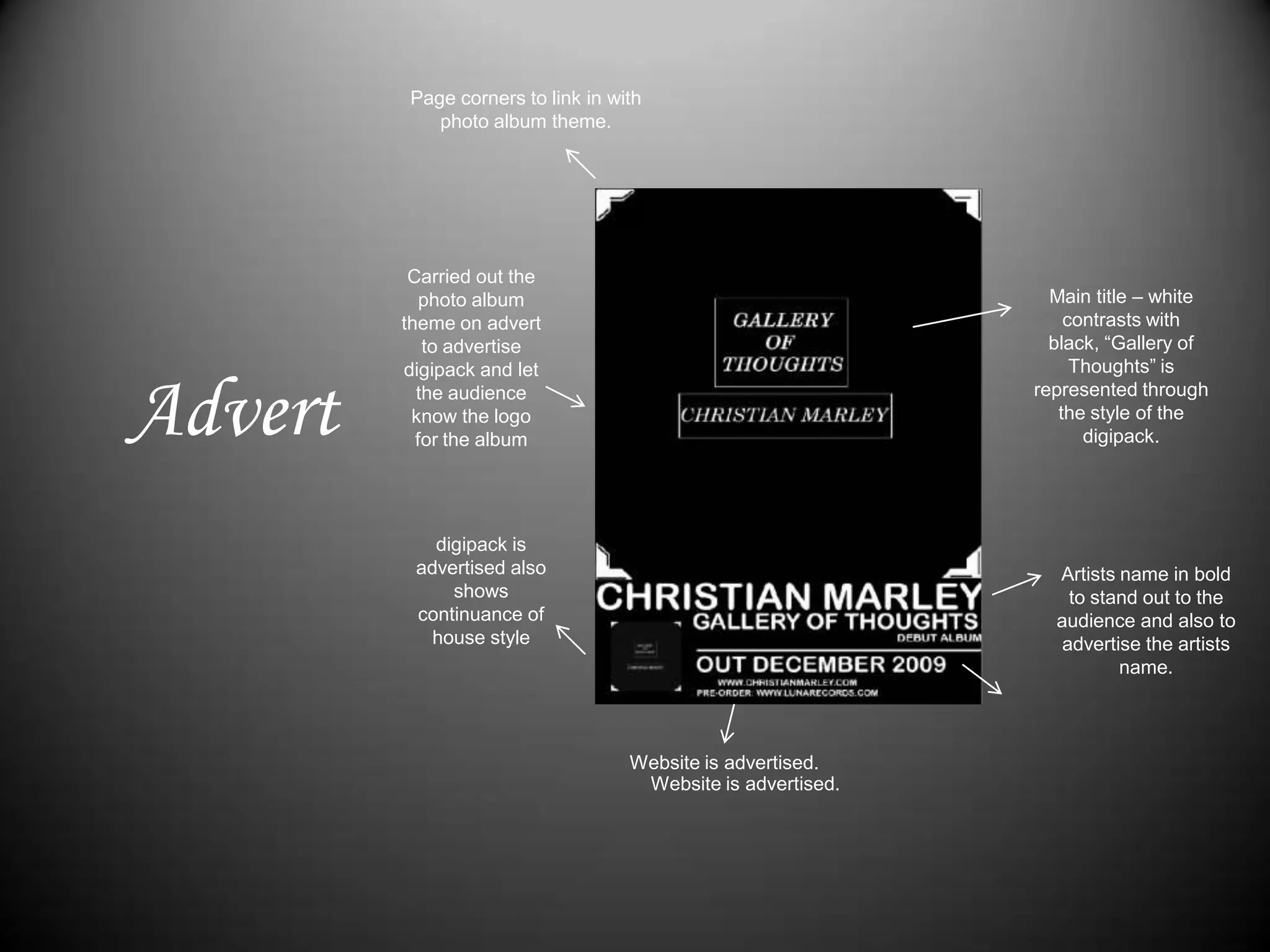 Page corners to link in with photo album theme.Carried out the photo album theme on advert to advertise digipack and let the audience know the logo for the albumMain title – white contrasts with black, “Gallery of Thoughts” is represented through the style of the digipack. Advertdigipack is advertised also shows continuance of house styleArtists name in bold to stand out to the audience and also to advertise the artists name.Website is advertised.Website is advertised.