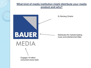 What kind of media institution might distribute your media product and why?Q, Kerrang, Empire Distributes the markets leading music and entertainment titlesEngages 19 million consumers every week