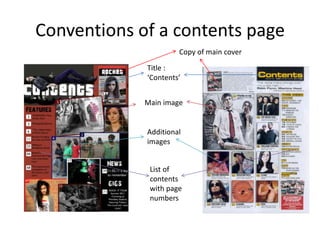 Conventions of a contents pageCopy of main coverTitle : ‘Contents’Main imageAdditional imagesList of contents with page numbers