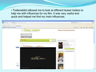 However, I came across a few problems with the sound on the video camera; it wasn’t great; it wasn’t very loud and didn’t capture the full sound of what I was filming. Therefore when I started editing, I had a few problems with hearing the voice of the characters, but I solved it my best by turning the volume up on the computer as much as I could.I also had a few problems with the lighting. I wanted my picture to be in the dark but the lighting for this was tough, if I used the flash on the camera then it came up too light and didn’t look effective enough, so I had to turn the flash off which gave it a slightly strange lighting, but I worked with this as much as I could and used Photoshop to make it look how I wanted it to. The only issue that I had with iMovie was that there weren’t a wide range of titles to chose from, so I used another program called LiveType to enable me to create the titles that I wanted to and then I imported it to iMovie.There wasn’t a wide variety for music choices on these computers, I tried to create a sound for my trailer in Garageband but I couldn’t find what I wanted. So I had to go home and use a different program called Reason, it’s a software that allows you to create lots of different sounds using piano, drums, etc and has a lot more possibilities than other programs. Then I put this on to my USB and transferred it into iTunes on the Mac computers and then on to iMovie to fit with my teaser trailer.