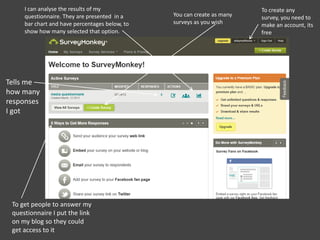You can create as many
surveys as you wish
To create any
survey, you need to
make an account, its
free
I can analyse the results of my
questionnaire. They are presented in a
bar chart and have percentages below, to
show how many selected that option.
Tells me
how many
responses
I got
To get people to answer my
questionnaire I put the link
on my blog so they could
get access to it
 