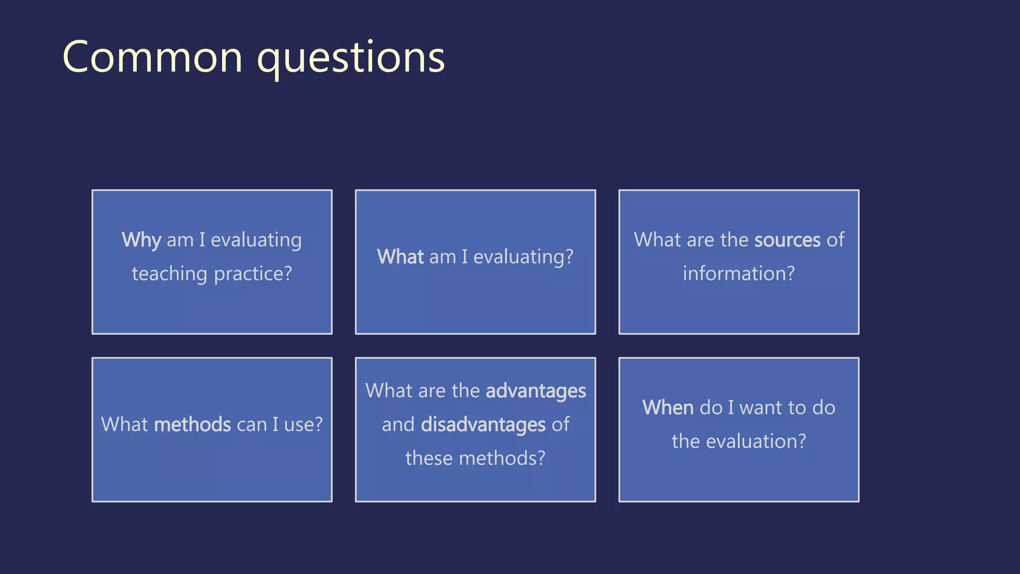 Common questions
Why am I evaluating
teaching practice?
What am I evaluating?
What are the sources of
information?
What methods can I use?
What are the advantages
and disadvantages of
these methods?
When do I want to do
the evaluation?
 