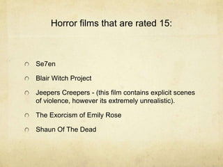 Horror films that are rated 15:
Se7en
Blair Witch Project
Jeepers Creepers - (this film contains explicit scenes
of violence, however its extremely unrealistic).
The Exorcism of Emily Rose
Shaun Of The Dead
 