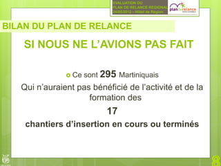 EVALUATION DU
                              PLAN DE RELANCE REGIONAL
                              24/05/2012 – Hôtel de Région



BILAN DU PLAN DE RELANCE

    SI NOUS NE L’AVIONS PAS FAIT

                Ce   sont 295 Martiniquais
   Qui n’auraient pas bénéficié de l’activité et de la
                     formation des
                            17
    chantiers d’insertion en cours ou terminés
 
