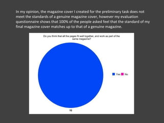 In my opinion, the magazine cover I created for the preliminary task does not meet the standards of a genuine magazine cover, however my evaluation questionnaire shows that 100% of the people asked feel that the standard of my final magazine cover matches up to that of a genuine magazine.  