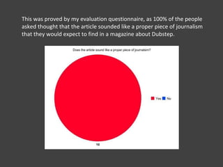 This was proved by my evaluation questionnaire, as 100% of the people asked thought that the article sounded like a proper piece of journalism that they would expect to find in a magazine about Dubstep.  