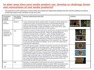 In what ways does your media product use, develop or challenge forms
and conventions of real media products?
 The purpose of a film opening is to show action and initiate the relationship between the film and the audience as well as
containing credits to key members of cast and crew.
Conventions
of media
products
Use, Develo
p, Challenge
?
How your media product does that? Evidence
Linear
Narrative
Develop I used a deceiving but linear narrative within my project to create intrigue and
compliment my story. By using this technique I will immediate allude the
audience into believing in Stevie’s fantasy only to realise (along with the
character) that his reality is really very different. In this sense I think I used
developed the forms and conventions of a film opening.
Introducing
characters, pr
otagonists and
antagonists.
Use I used the conventions of film openings by introducing a protagonist and other
characters that may influence the story. Within my opening sequence I
wanted to introduce Stevie’s character, a quirky strange teenage boy and I
also wanted to introduce his mother. However you do not get to see the
mother's face, just her torso, voice and hands. This not only keeps the focus
on his character but also emphasizes the importance of seeing the world
through his eyes, showing the insignificance of her character to him. Although
we can also see this through the dialogue, this is a much more subtle way of
projecting their relationship.
Titles Developed During the planning stages, I decided to create the cast and crew titles based
on people that helped out in the project (actor – Steven Chambers, music
composer – Matthew Jones) or people that When using the titler, on Final Cut
Express, I wanted to incorporate the titles into the action, as a more subtle way
of presenting the cast and crew. I was also keen to bring them into the piece in
a way that the audience would find interesting (i.e. by having them appear as
Steven walks up the stair case, or at the final title, spelt using food). The last
director’s title especially was very important for me, as it was a direct influence
from Jared Hess’ Napoleon Dynamite’s opening title sequence which uses
food to spell out cast and crew members.
Music Use Generally, an opening title of a film would use music to accompany the
action/drama as well as possible dialogue or scenes. Within my product I have
used simple music to do just this, accompanying the action and setting the
tone of the scene just like within the majority of an opening title sequence,.
 