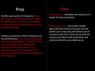 Pros Cons
•Shaky camera- therefore we need to use a
tripod for future products.
•Less bands shots- personally I totally
agree with this criticism because we had
picked such a ling song and lacked a lot of
narrative shots due to the mix up with the
cameras we filled it with band shots and
unfortunately this was picked up on.
•Outfits work well to fit the genre- when
planning we researched and really looked
for what band members wear. Thankfully
our hard work was recognised by the class
audience feedback.
•Follows conventions of the rock genre e.g.
live performance- from the very beginning
we had established that a live performance
would be crucial to the video as the
majority of rock videos have a live
performance scene. It is good that the
audience picked up on this and related it to
the rock genre.
 