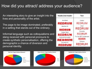How did you attract/ address your audience?
An interesting story to give an insight into the
lives and personality of the artist.
The page to be image dominated, preferably
in a setting that stands out of the ordinary.
Informal language such as colloquialisms and
slang received with personal pronouns to
create synthetic personalisation, offering the
demographic a chance of diversion and
personal identity.
 