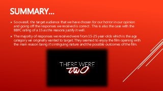 SUMMARY…
 So overall, the target audience that we have chosen for our horror in our opinion
and going off the responses we received is correct . This is also the case with the
BBFC rating of a 15 as the reasons justify it well.
 The majority of responses we received were from 15-25 year-olds which is the age
category we originally wanted to target. They seemed to enjoy the film opening with
the main reason being it’s intriguing nature and the possible outcomes of the film.
 