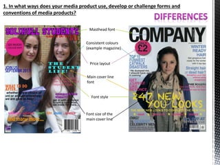 1. In what ways does your media product use, develop or challenge forms and
conventions of media products?
Masthead font
Consistent colours
(example magazine)
Price layout
Main cover line
font
Font style
Font size of the
main cover line
 