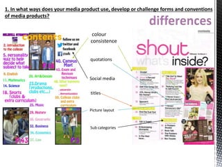 1. In what ways does your media product use, develop or challenge forms and conventions
of media products?
colour
consistence
quotations
Social media
titles
Picture layout
Sub categories
 