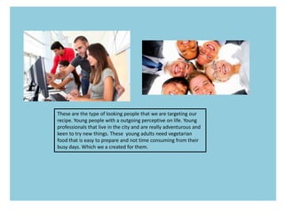 These are the type of looking people that we are targeting our
recipe. Young people with a outgoing perceptive on life. Young
professionals that live in the city and are really adventurous and
keen to try new things. These young adults need vegetarian
food that is easy to prepare and not time consuming from their
busy days. Which we a created for them.
 