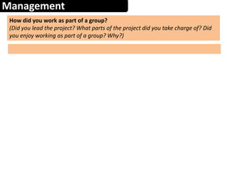 Management
How did you work as part of a group?
(Did you lead the project? What parts of the project did you take charge of? Did
you enjoy working as part of a group? Why?)
 