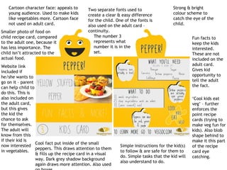 Cartoon character face: appeals to
young audience. Used to make kids
like vegetables more. Cartoon face
not used on adult card.
Fun facts to
keep the kids
interested.
These are not
included on the
adult card.
Gives kid
opportunity to
tell the adult
the fact.
Strong & bright
colour scheme to
catch the eye of the
child.
Simple instructions for the kid(s)
to follow & are safe for them to
do. Simple tasks that the kid will
also understand to do.
‘Cool kids eat
veg’ – further
enforces the
point recipe
cards (trying to
make veg fun for
kids). Also blob
shape behind to
make it this part
of the recipe
card eye
catching.
Two separate fonts used to
create a clear & easy difference
for the child. One of the fonts is
also used on the adult card –
continuity.
Cool fact put inside of the small
peppers. This draws attention to them
& fills up the recipe card in a visual
way. Dark grey shadow background
again draws more attention. Also used
Smaller photo of food on
child recipe card, compared
to the adult one, because it
has less importance. The
child isn’t attracted to the
actual food.
Website link
included if
he/she wants to
go on it – parent
can help child to
do this. This is
also included on
the adult card,
but this gives
the kid the
chance to ask
for themselves.
The adult will
know from this
if their kid is
now interested
in vegetables.
The number 3
represents what
number it is in the
set.
 