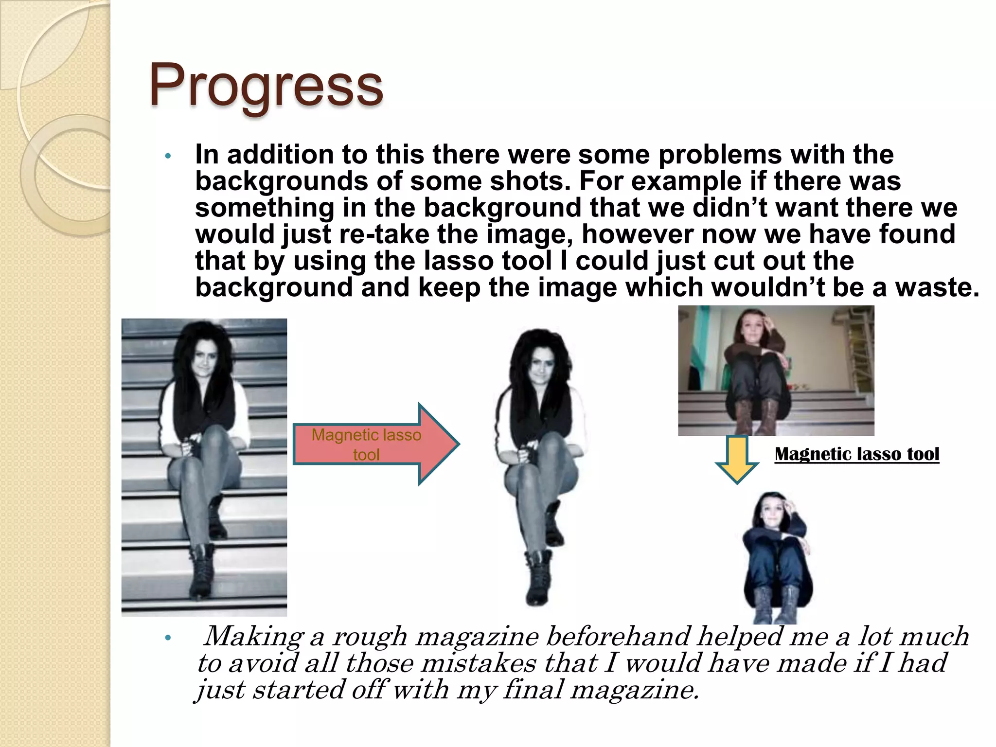 Catchy phrase underneath the titleContents pageCollege magazine: Final magazine:Text/picture ratio in good proportions