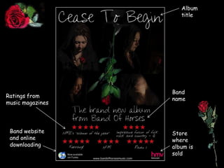 Album titleBand nameRatings from music magazinesBand website and online downloadingStore where album is sold