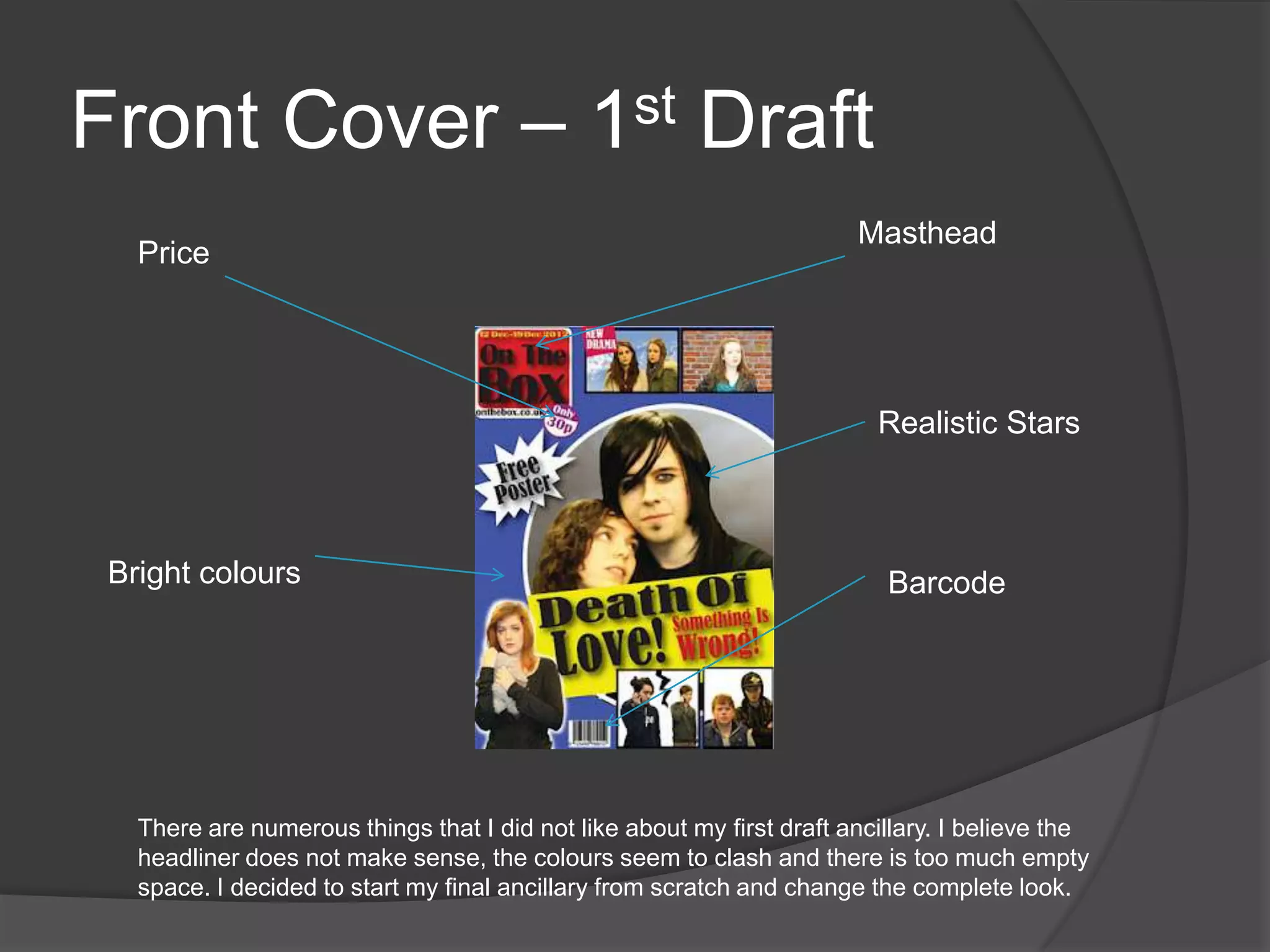 Front Cover – 1st Draft
                                                                       Masthead
   Price




                                                                         Realistic Stars



 Bright colours                                                           Barcode




   There are numerous things that I did not like about my first draft ancillary. I believe the
   headliner does not make sense, the colours seem to clash and there is too much empty
   space. I decided to start my final ancillary from scratch and change the complete look.
 