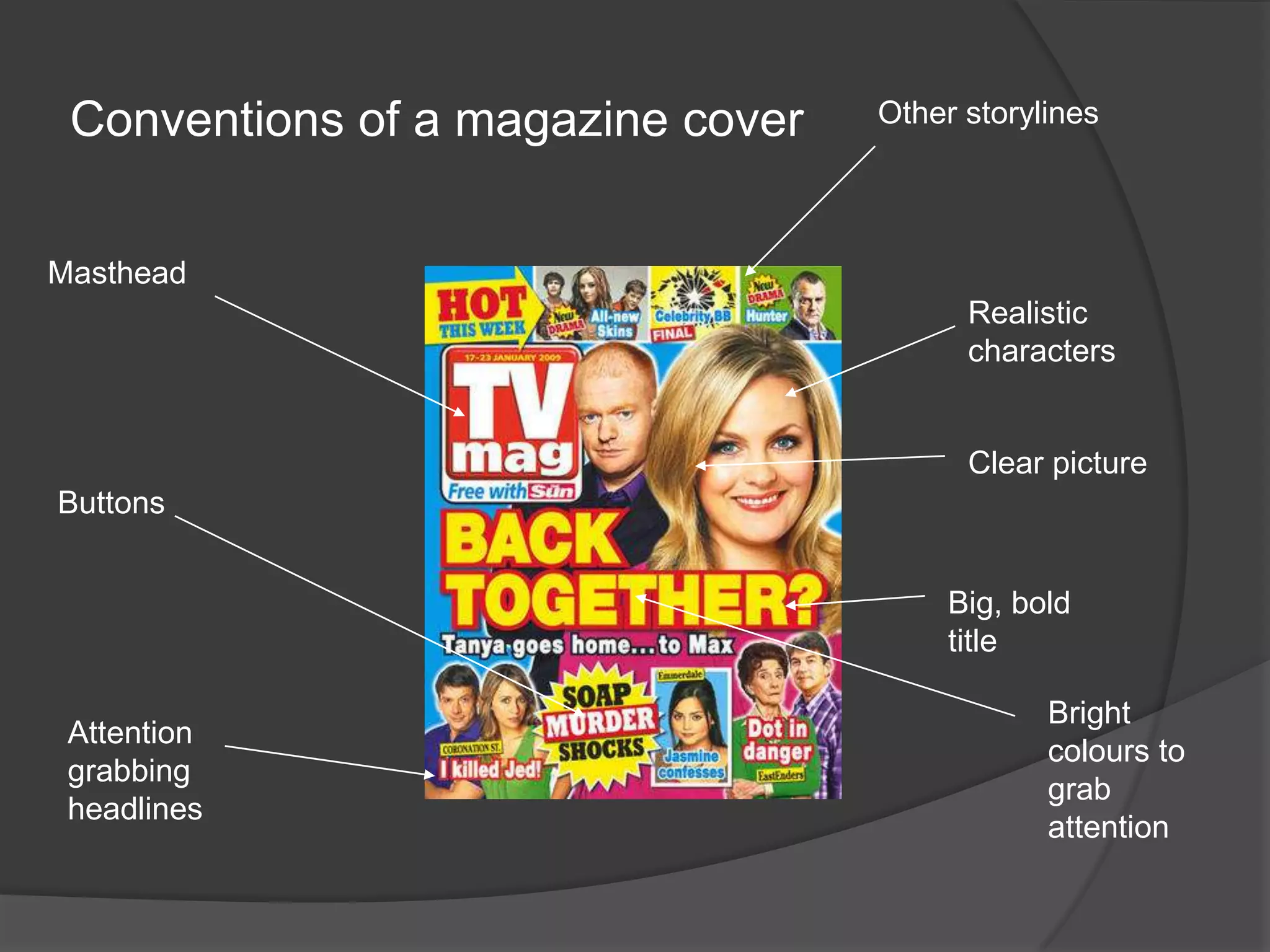 Conventions of a magazine cover   Other storylines




Masthead
                                         Realistic
                                         characters


                                         Clear picture
Buttons


                                        Big, bold
                                        title

                                               Bright
 Attention
                                               colours to
 grabbing
                                               grab
 headlines
                                               attention
 