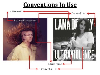 Conventions In Use
Artist name.
Picture of artist.
Album name.
Dark colours.
 