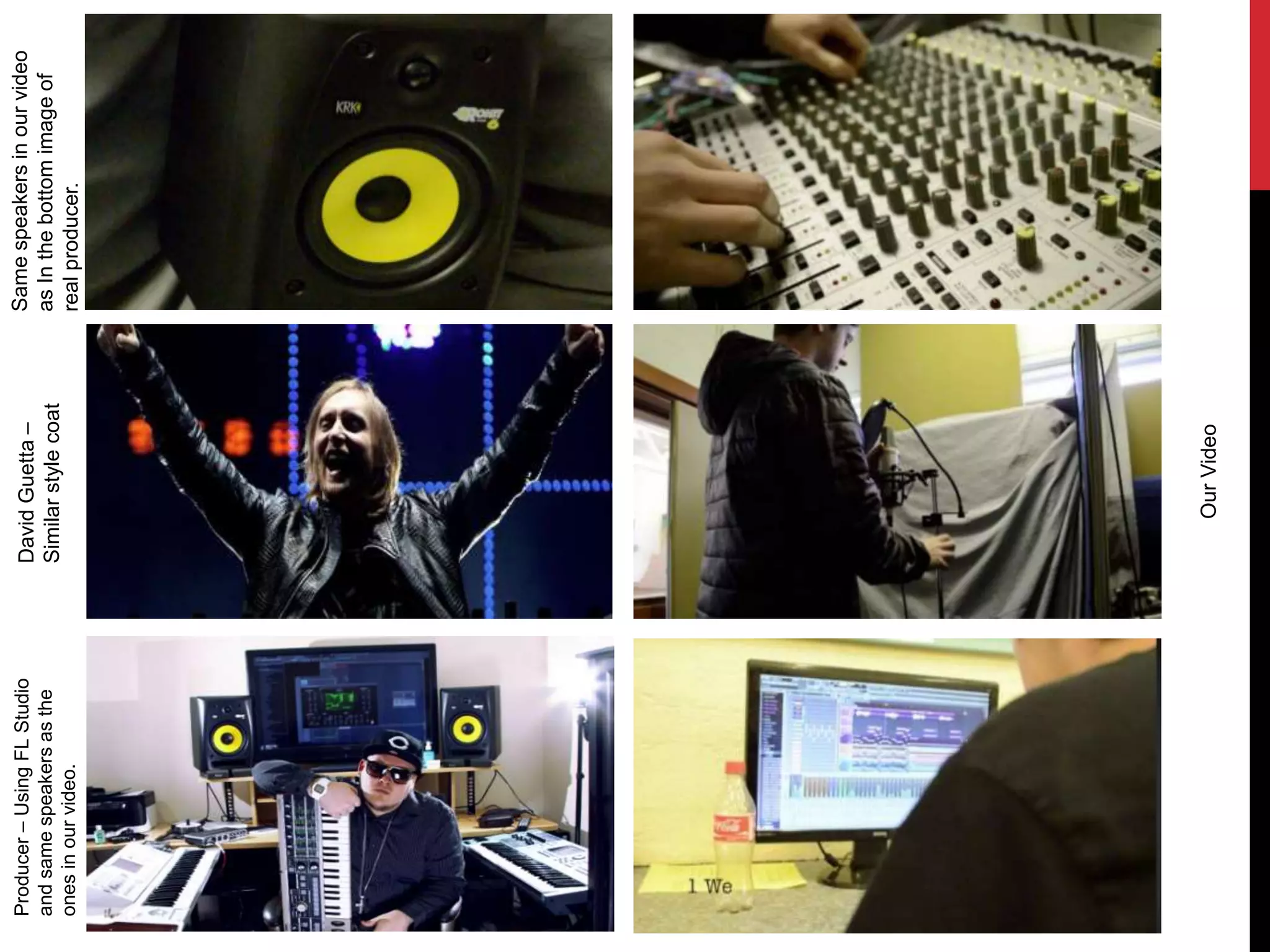Producer–UsingFLStudio
andsamespeakersasthe
onesinourvideo.
DavidGuetta–
Similarstylecoat
Samespeakersinourvideo
asInthebottomimageof
realproducer.
OurVideo
 