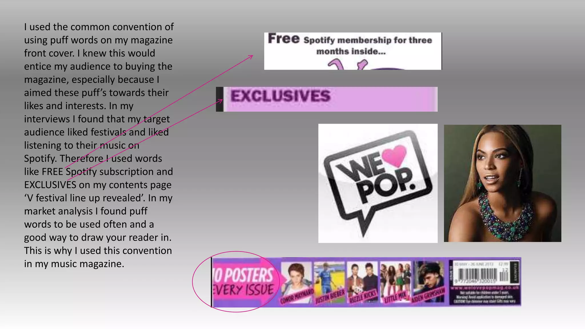 I used the common convention of
using puff words on my magazine
front cover. I knew this would
entice my audience to buying the
magazine, especially because I
aimed these puff’s towards their
likes and interests. In my
interviews I found that my target
audience liked festivals and liked
listening to their music on
Spotify. Therefore I used words
like FREE Spotify subscription and
EXCLUSIVES on my contents page
‘V festival line up revealed’. In my
market analysis I found puff
words to be used often and a
good way to draw your reader in.
This is why I used this convention
in my music magazine.
 