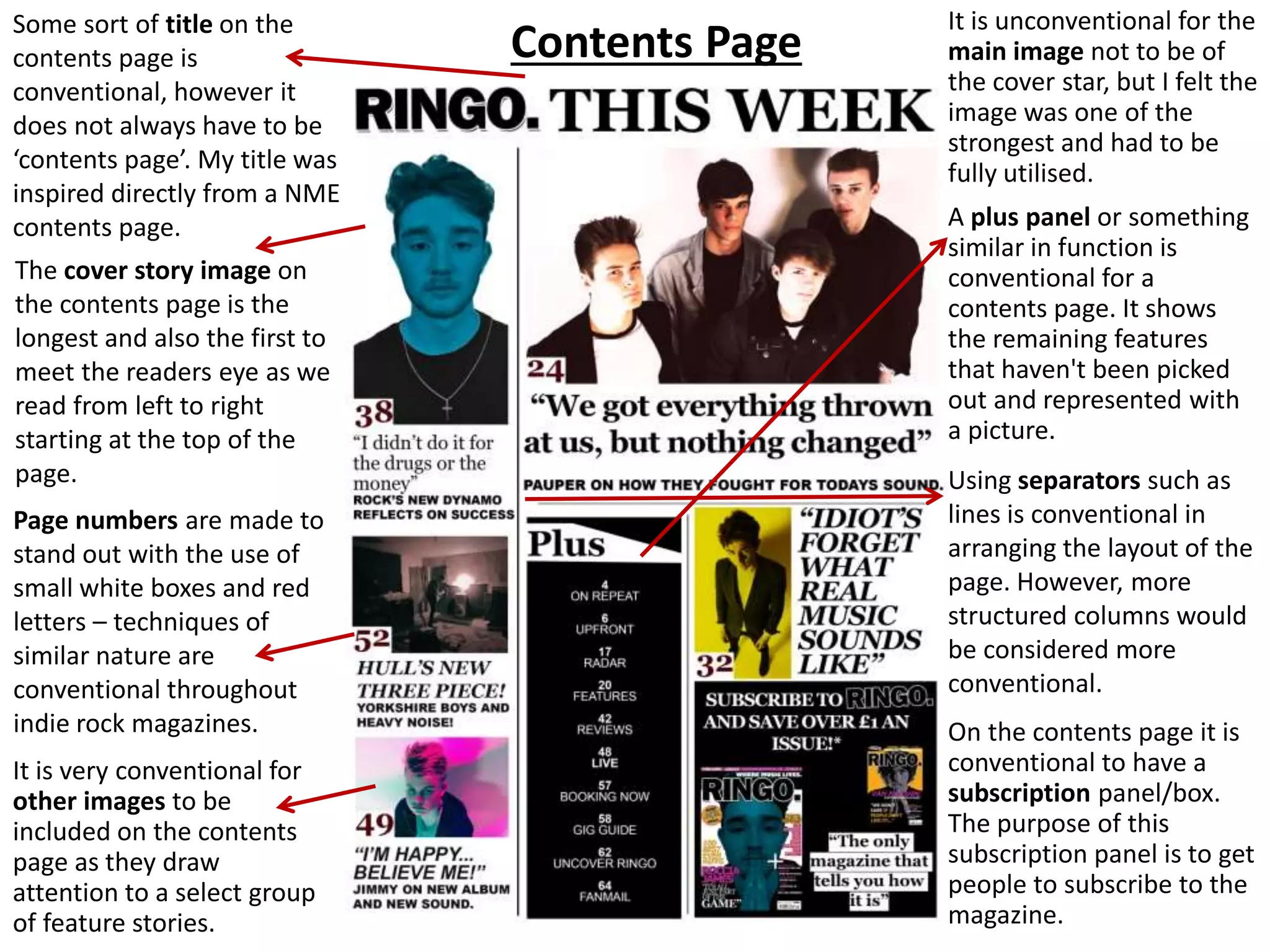 Contents Page
On the contents page it is
conventional to have a
subscription panel/box.
The purpose of this
subscription panel is to get
people to subscribe to the
magazine.
The cover story image on
the contents page is the
longest and also the first to
meet the readers eye as we
read from left to right
starting at the top of the
page.
It is unconventional for the
main image not to be of
the cover star, but I felt the
image was one of the
strongest and had to be
fully utilised.
Some sort of title on the
contents page is
conventional, however it
does not always have to be
‘contents page’. My title was
inspired directly from a NME
contents page.
Page numbers are made to
stand out with the use of
small white boxes and red
letters – techniques of
similar nature are
conventional throughout
indie rock magazines.
A plus panel or something
similar in function is
conventional for a
contents page. It shows
the remaining features
that haven't been picked
out and represented with
a picture.
Using separators such as
lines is conventional in
arranging the layout of the
page. However, more
structured columns would
be considered more
conventional.
It is very conventional for
other images to be
included on the contents
page as they draw
attention to a select group
of feature stories.
 