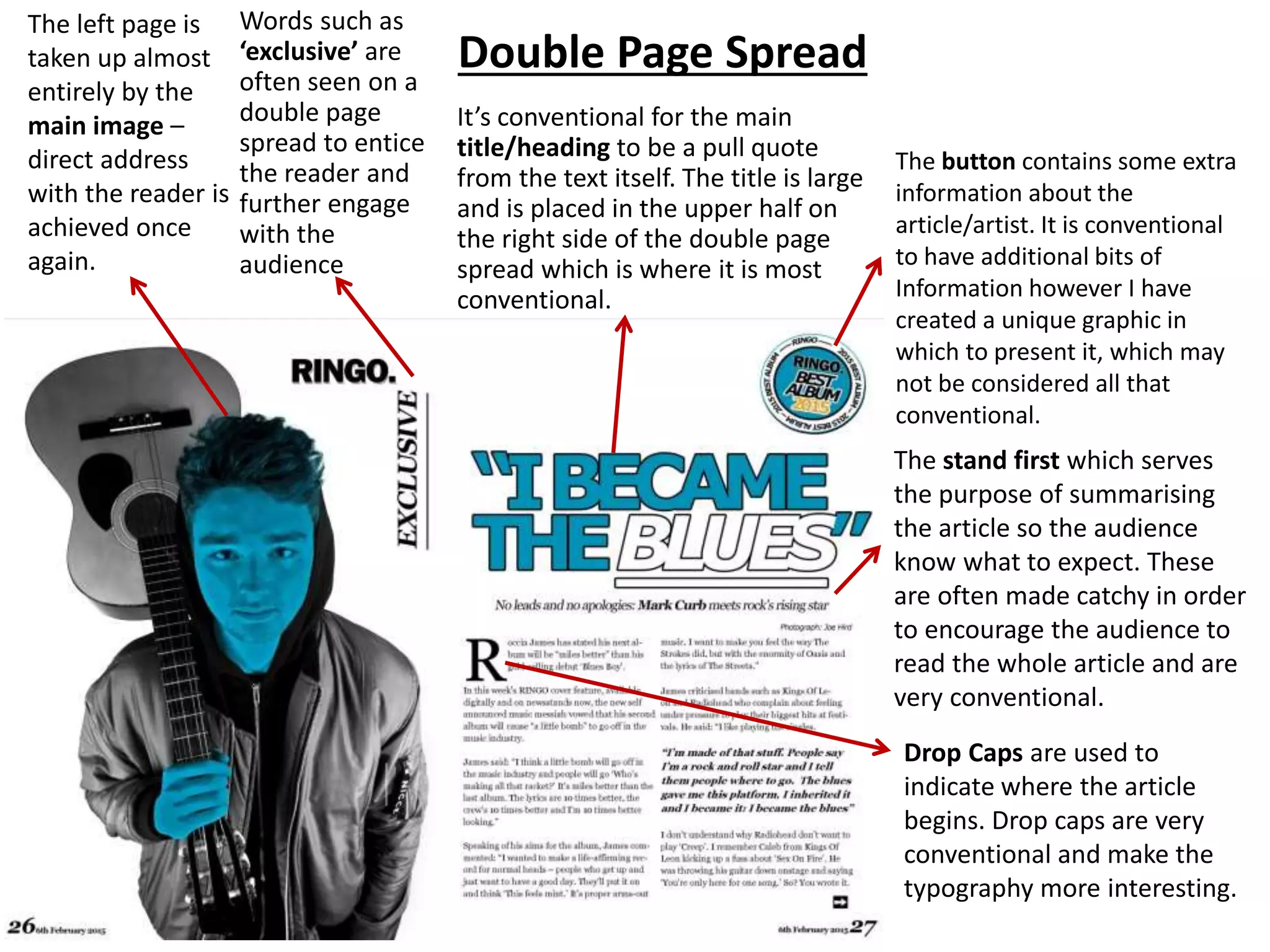 Double Page Spread
It’s conventional for the main
title/heading to be a pull quote
from the text itself. The title is large
and is placed in the upper half on
the right side of the double page
spread which is where it is most
conventional.
The left page is
taken up almost
entirely by the
main image –
direct address
with the reader is
achieved once
again.
Words such as
‘exclusive’ are
often seen on a
double page
spread to entice
the reader and
further engage
with the
audience
The stand first which serves
the purpose of summarising
the article so the audience
know what to expect. These
are often made catchy in order
to encourage the audience to
read the whole article and are
very conventional.
Drop Caps are used to
indicate where the article
begins. Drop caps are very
conventional and make the
typography more interesting.
The button contains some extra
information about the
article/artist. It is conventional
to have additional bits of
Information however I have
created a unique graphic in
which to present it, which may
not be considered all that
conventional.
 