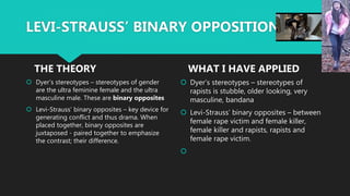  Dyer’s stereotypes – stereotypes of gender
are the ultra feminine female and the ultra
masculine male. These are binary ...