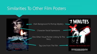 Similarities To Other Film Posters
Dark Background To Portray Mystery
Character Facial Expressions
One Other Visual Pointer Linking To The
Story
Tag-Line From The Film
 