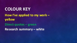 COLOUR KEY
How I’ve applied to my work –
yellow
Direct quotes – green
Research summary – white
 