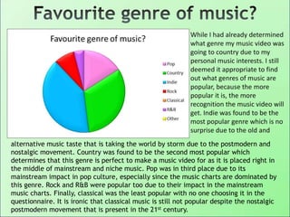 While I had already determined
what genre my music video was
going to country due to my
personal music interests. I still
deemed it appropriate to find
out what genres of music are
popular, because the more
popular it is, the more
recognition the music video will
get. Indie was found to be the
most popular genre which is no
surprise due to the old and
alternative music taste that is taking the world by storm due to the postmodern and
nostalgic movement. Country was found to be the second most popular which
determines that this genre is perfect to make a music video for as it is placed right in
the middle of mainstream and niche music. Pop was in third place due to its
mainstream impact in pop culture, especially since the music charts are dominated by
this genre. Rock and R&B were popular too due to their impact in the mainstream
music charts. Finally, classical was the least popular with no one choosing it in the
questionnaire. It is ironic that classical music is still not popular despite the nostalgic
postmodern movement that is present in the 21st century.
 