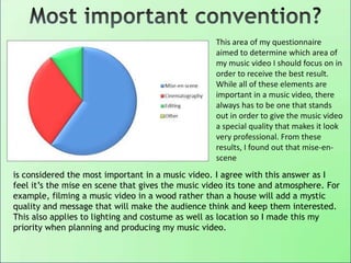 This area of my questionnaire
aimed to determine which area of
my music video I should focus on in
order to receive the best result.
While all of these elements are
important in a music video, there
always has to be one that stands
out in order to give the music video
a special quality that makes it look
very professional. From these
results, I found out that mise-en-
scene
is considered the most important in a music video. I agree with this answer as I
feel it‟s the mise en scene that gives the music video its tone and atmosphere. For
example, filming a music video in a wood rather than a house will add a mystic
quality and message that will make the audience think and keep them interested.
This also applies to lighting and costume as well as location so I made this my
priority when planning and producing my music video.
 