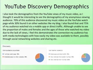 I also took the demographics from the YouTube views of my music video, as I
thought it would be interesting to see the demographics of my anonymous viewing
audience. 70% of this audience discovered my music video on the YouTube watch
page while 30% found it on other websites like my blog. I also found that and 75%
of my audience watched via a mobile app or direct traffic. Although unable to see
the proportion of males and females and the ages of those who watched my video
due to the lack of views, I feel this demonstrates the connection my audience has
with media technologies with how easily my video was available to them, possibly
through social networking websites and sharing etc.
 