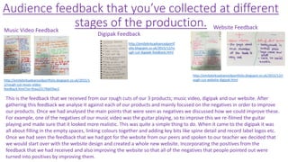 Audience feedback that you’ve collected at different
stages of the production.Music Video Feedback
Digipak Feedback
Website Feedback
http://emilybirksadvancedportfolio.blogspot.co.uk/2015/1
2/rough-cut-music-video-
feedback.html?zx=9cea2317fdd59ac2
http://emilybirksadvancedportf
olio.blogspot.co.uk/2015/12/ro
ugh-cut-digipak-feedback.html
http://emilybirksadvancedportfolio.blogspot.co.uk/2015/12/r
ough-cut-website-digipak.html
This is the feedback that we received from our rough cuts of our 3 products; music video, digipak and our website. After
gathering this feedback we analyse it against each of our products and mainly focused on the negatives in order to improve
our products. Once we had analysed the main points that were seen as negatives we discussed how we could improve these.
For example, one of the negatives of our music video was the guitar playing, so to improve this we re-filmed the guitar
playing and made sure that it looked more realistic. This was quite a simple thing to do. When it came to the digipak it was
all about filling in the empty spaces, linking colours together and adding key bits like spine detail and record label logos etc.
Once we had seen the feedback that we had got for the website from our peers and spoken to our teacher we decided that
we would start over with the website design and created a whole new website. Incorporating the positives from the
feedback that we had received and also improving the website so that all of the negatives that people pointed out were
turned into positives by improving them.
 