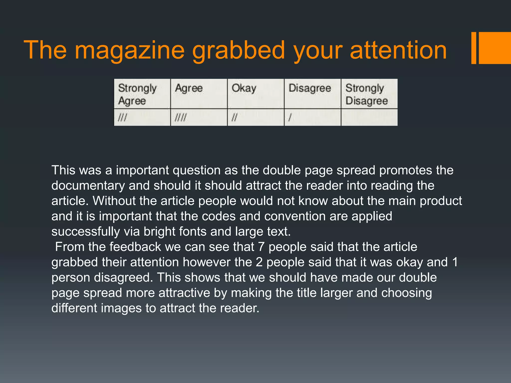 The magazine grabbed your attention
This was a important question as the double page spread promotes the
documentary and should it should attract the reader into reading the
article. Without the article people would not know about the main product
and it is important that the codes and convention are applied
successfully via bright fonts and large text.
From the feedback we can see that 7 people said that the article
grabbed their attention however the 2 people said that it was okay and 1
person disagreed. This shows that we should have made our double
page spread more attractive by making the title larger and choosing
different images to attract the reader.
 