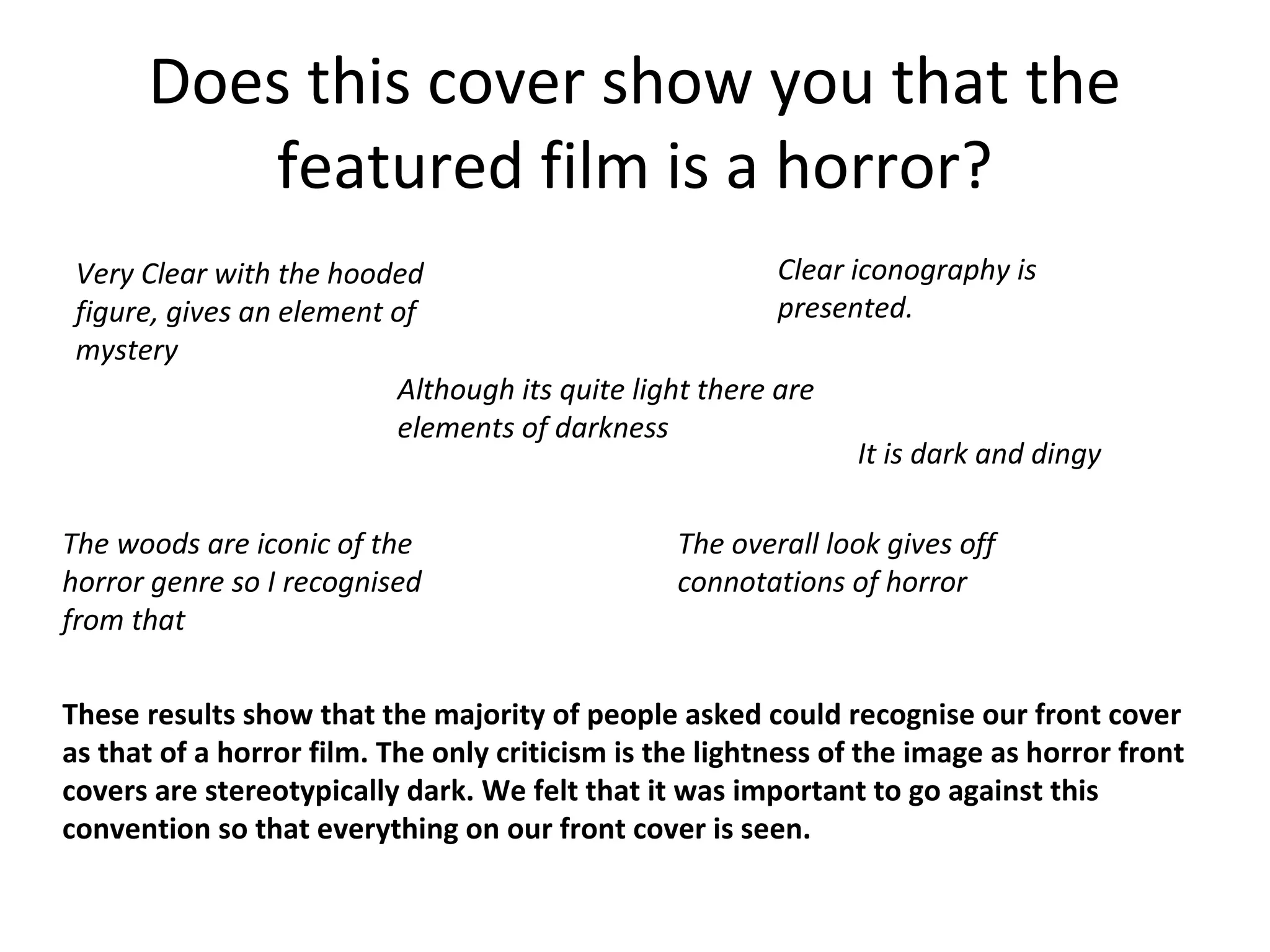 Does this cover show you that the
featured film is a horror?
Clear iconography is
presented.
Very Clear with the hooded
figure, gives an element of
mystery
It is dark and dingy
The woods are iconic of the
horror genre so I recognised
from that
Although its quite light there are
elements of darkness
The overall look gives off
connotations of horror
These results show that the majority of people asked could recognise our front cover
as that of a horror film. The only criticism is the lightness of the image as horror front
covers are stereotypically dark. We felt that it was important to go against this
convention so that everything on our front cover is seen.
 