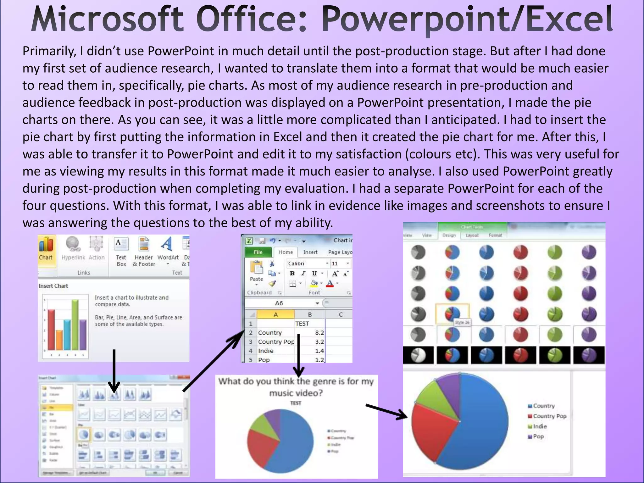 Primarily, I didn’t use PowerPoint in much detail until the post-production stage. But after I had done
my first set of audience research, I wanted to translate them into a format that would be much easier
to read them in, specifically, pie charts. As most of my audience research in pre-production and
audience feedback in post-production was displayed on a PowerPoint presentation, I made the pie
charts on there. As you can see, it was a little more complicated than I anticipated. I had to insert the
pie chart by first putting the information in Excel and then it created the pie chart for me. After this, I
was able to transfer it to PowerPoint and edit it to my satisfaction (colours etc). This was very useful for
me as viewing my results in this format made it much easier to analyse. I also used PowerPoint greatly
during post-production when completing my evaluation. I had a separate PowerPoint for each of the
four questions. With this format, I was able to link in evidence like images and screenshots to ensure I
was answering the questions to the best of my ability.
 
