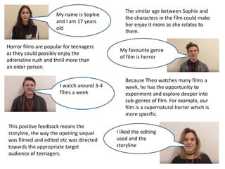 My name is Sophie
and I am 17 years
old
The similar age between Sophie and
the characters in the film could make
her enjoy it more as she relates to
them.
My favourite genre
of film is horror
Horror films are popular for teenagers
as they could possibly enjoy the
adrenaline rush and thrill more than
an older person.
I watch around 3-4
films a week
Because Theo watches many films a
week, he has the opportunity to
experiment and explore deeper into
sub-genres of film. For example, our
film is a supernatural horror which is
more specific.
I liked the editing
used and the
storyline
This positive feedback means the
storyline, the way the opening sequel
was filmed and edited etc was directed
towards the appropriate target
audience of teenagers.
 