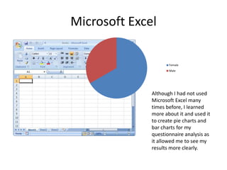 Microsoft ExcelAlthough I had not used Microsoft Excel many times before, I learned more about it and used it to create pie charts and bar charts for my questionnaire analysis as it allowed me to see my results more clearly.