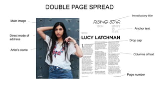 DOUBLE PAGE SPREAD
Main image
Page number
Drop cap
Columns of text
Introductory title
Anchor text
Artist’s name
Direct mode of
address
 