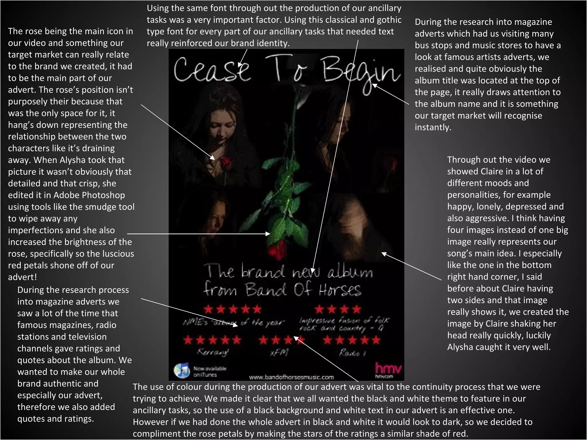 During the research into magazine adverts which had us visiting many bus stops and music stores to have a look at famous artists adverts, we realised and quite obviously the album title was located at the top of the page, it really draws attention to the album name and it is something our target market will recognise instantly. Through out the video we showed Claire in a lot of different moods and personalities, for example happy, lonely, depressed and also aggressive. I think having four images instead of one big image really represents our song’s main idea. I especially like the one in the bottom right hand corner, I said before about Claire having two sides and that image really shows it, we created the image by Claire shaking her head really quickly, luckily Alysha caught it very well. The rose being the main icon in our video and something our target market can really relate to the brand we created, it had to be the main part of our advert. The rose’s position isn’t purposely their because that was the only space for it, it hang’s down representing the relationship between the two characters like it’s draining away. When Alysha took that picture it wasn’t obviously that detailed and that crisp, she edited it in Adobe Photoshop using tools like the smudge tool to wipe away any imperfections and she also increased the brightness of the rose, specifically so the luscious red petals shone off of our advert! During the research process into magazine adverts we saw a lot of the time that famous magazines, radio stations and television channels gave ratings and quotes about the album. We wanted to make our whole brand authentic and especially our advert, therefore we also added quotes and ratings.  The use of colour during the production of our advert was vital to the continuity process that we were trying to achieve. We made it clear that we all wanted the black and white theme to feature in our ancillary tasks, so the use of a black background and white text in our advert is an effective one. However if we had done the whole advert in black and white it would look to dark, so we decided to compliment the rose petals by making the stars of the ratings a similar shade of red. Using the same font through out the production of our ancillary tasks was a very important factor. Using this classical and gothic type font for every part of our ancillary tasks that needed text really reinforced our brand identity. 