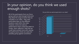 In your opinion, do you think we used
enough shots?
• All of the participants from our focus
group said we used enough shots and
they liked the range of shots that we
included in our video . They were
particularly keen on the different
locations used within the video.
However, some one said our
performance shots could have been to
similar. Upon reflection I feel that we
could have worked more with varying
the performance shots we used and
possibly going against convention.
0%
10%
20%
30%
40%
50%
60%
70%
80%
90%
100%
yes no
Do you think we used enough shots in our video?
 