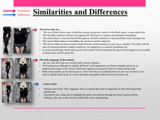 Similarities and Differences
The body language of the models:
• the way that their legs are crossed could connote elegance.
• The hand gesture although its slightly different it still emphasizes on felinity strength and gives an
empowering image of the women which goes against stereotypical ideas of women being weak.
• Both of the models use the direct gaze to show that they are confident however, the way Courtney Love
head is slightly tilted up gives a more dominate atmosphere than the Sweet Emotion one
The dress code use :
• The use of black dress codes symbolises energy and power which is what Rock music is associated with.
• The rip tights connotes violence and aggression which gives a tension and adrenalin atmosphere.
• The colour black is used (as showed through my timeline research) to represent Rock music through time
• The colour black relates to the hidden, the secretive and the unknown
• “We all use black at various times to hide from the world around us in one way or another” this links with the
idea of escapism and how readers would buy my magazine as a need of something else
• In colour psychology, black means power and control which represents the genre of the magazine successfully
as Rock music itself is powerful
Similarities
Differences
Camera shot:
• Medium shot in the ‘Elle’ magazine, this is a typical shot used in magazines to show the target body
and the face
• I decided to use a long shot to highlight the genre conventions through the electric guitar and the
clothing. Also, due to the shot my model looks more empowering.
 