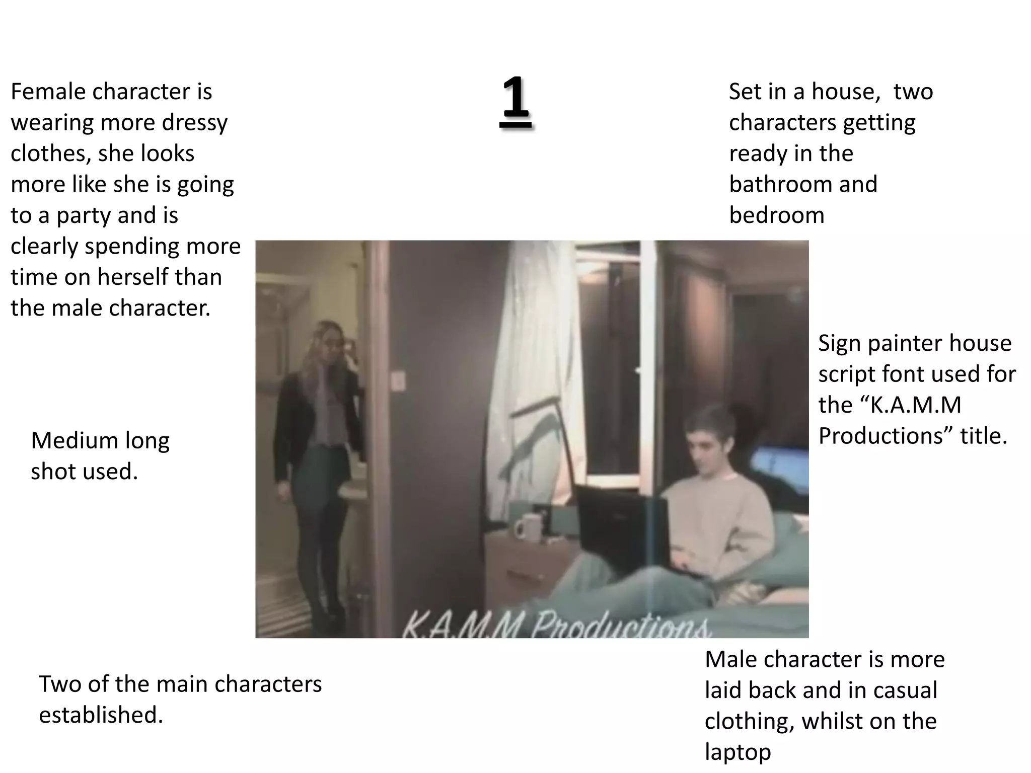 1Set in a house,  two characters getting ready in the bathroom and bedroomFemale character is wearing more dressy clothes, she looks more like she is going to a party and is clearly spending more time on herself than the male character.Sign painter house script font used for the “K.A.M.M Productions” title.Medium long shot used.Male character is more laid back and in casual clothing, whilst on the laptopTwo of the main characters established.