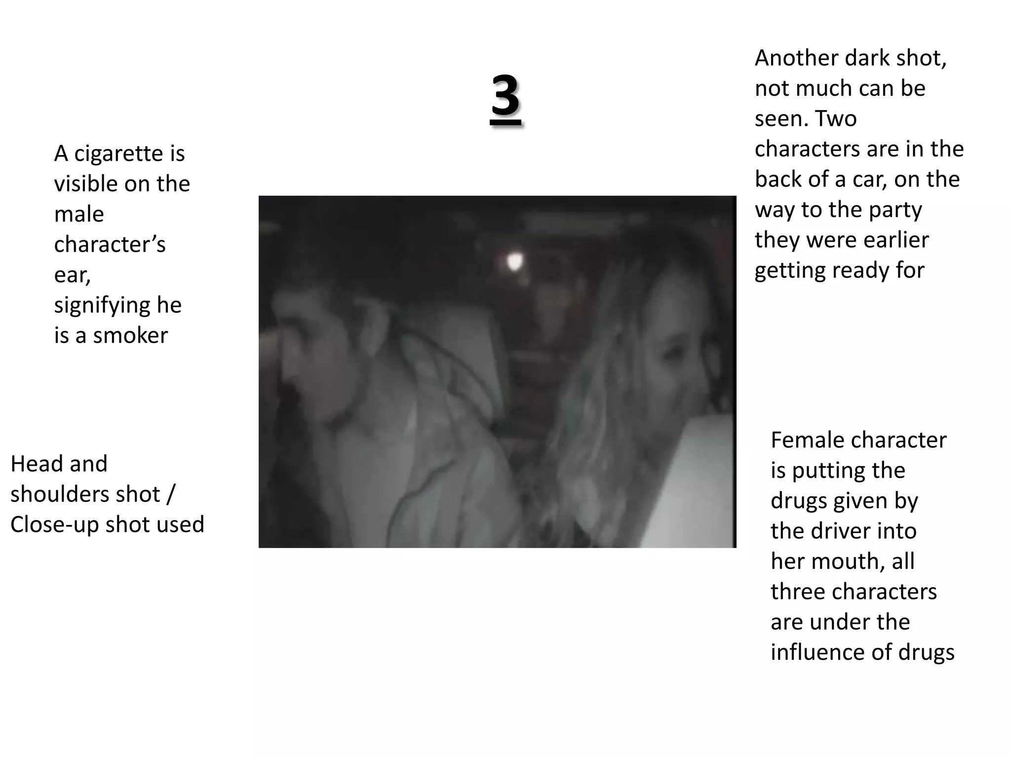 3Another dark shot, not much can be seen. Two characters are in the back of a car, on the way to the party they were earlier getting ready forA cigarette is visible on the male character’s ear, signifying he is a smokerFemale character is putting the drugs given by the driver into her mouth, all three characters are under the influence of drugsHead and shoulders shot / Close-up shot used