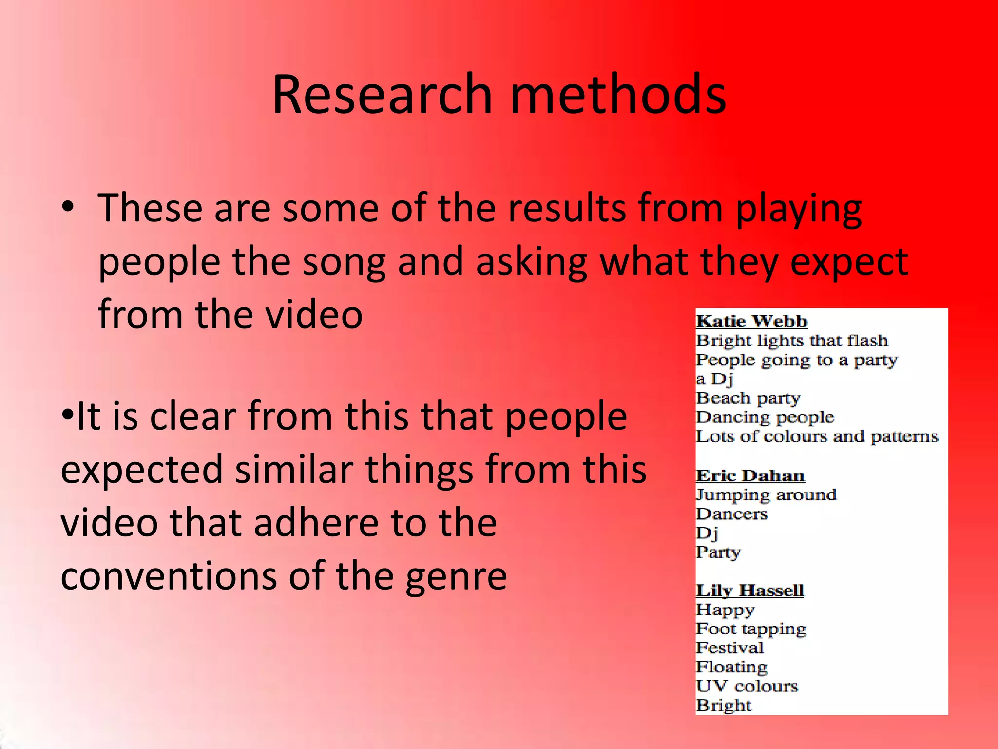 Research methods
• These are some of the results from playing
people the song and asking what they expect
from the video
•It is clear from this that people
expected similar things from this
video that adhere to the
conventions of the genre
 